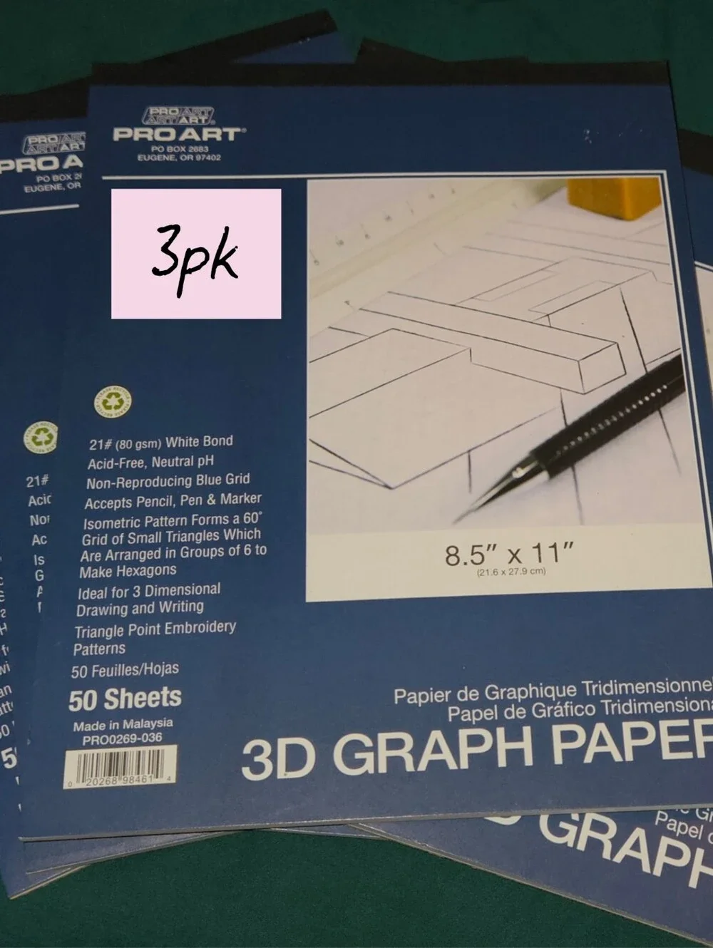 Pro Art 3D Isometric Graph Paper 8.5x11 Inch 20lb Acid Free 50 Sheets 3pk